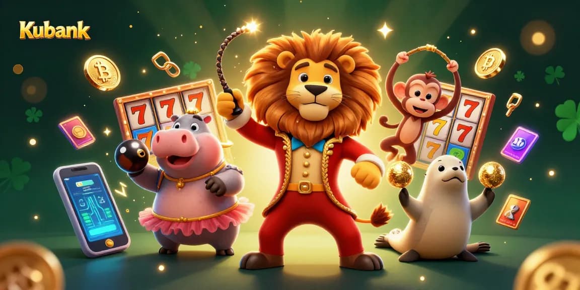 Kubank elevates your casino game with a lively illustration of a circus ensemble filled with slot reels and crypto elements.