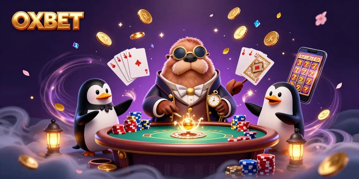 Engage in thrilling poker games at OXBET with a jolly walrus, penguin dealer, and pufferfish, amidst sparkling treasures.