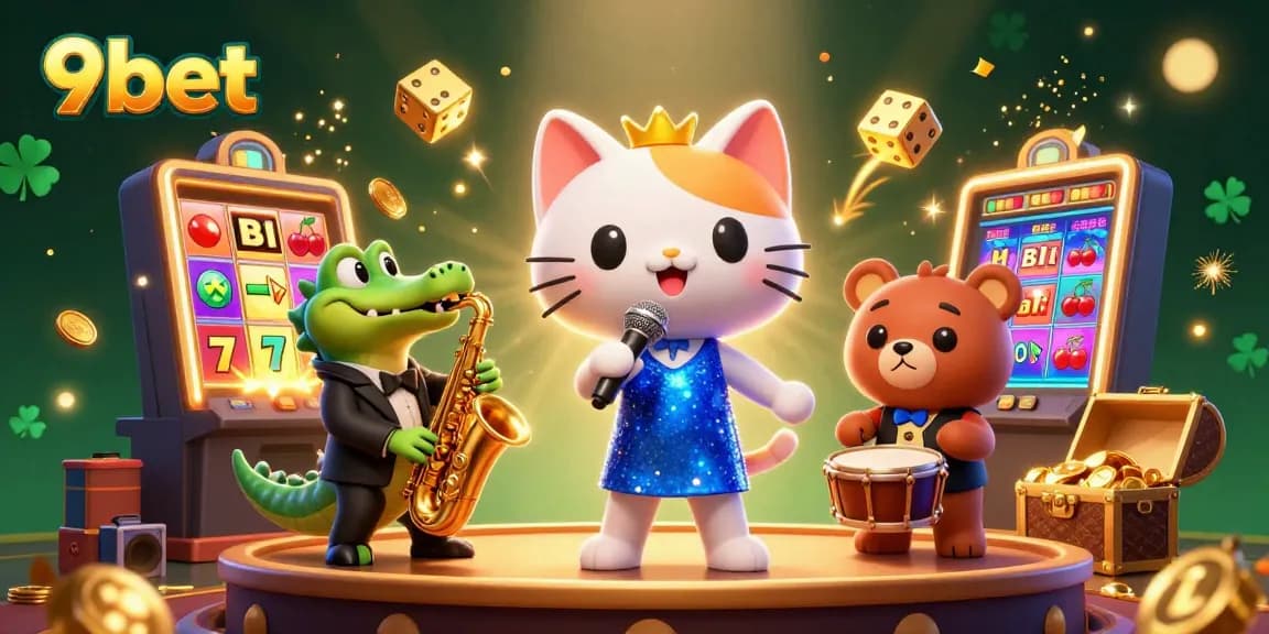 Engaging 3D illustration featuring 9bet characters in a lively casino setting, showcasing exciting game elements.