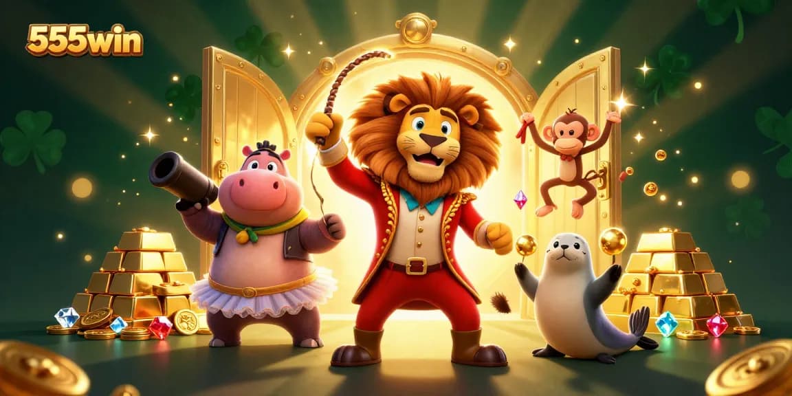 Spin to win with 555win in this vibrant 3D casino scene featuring dazzling characters and treasures.