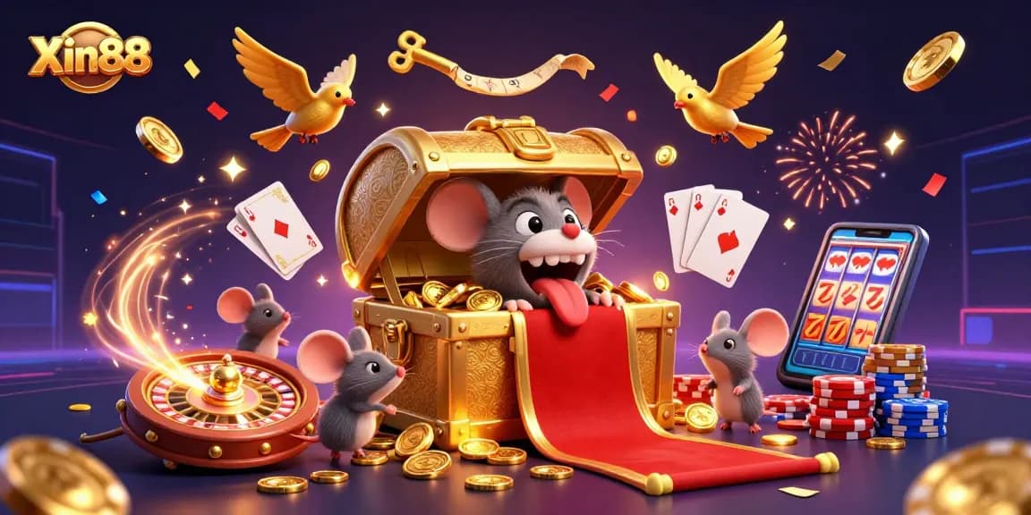 Experience the thrilling games at Xin88 with golden treasures, vibrant casino elements, and lucky symbols.