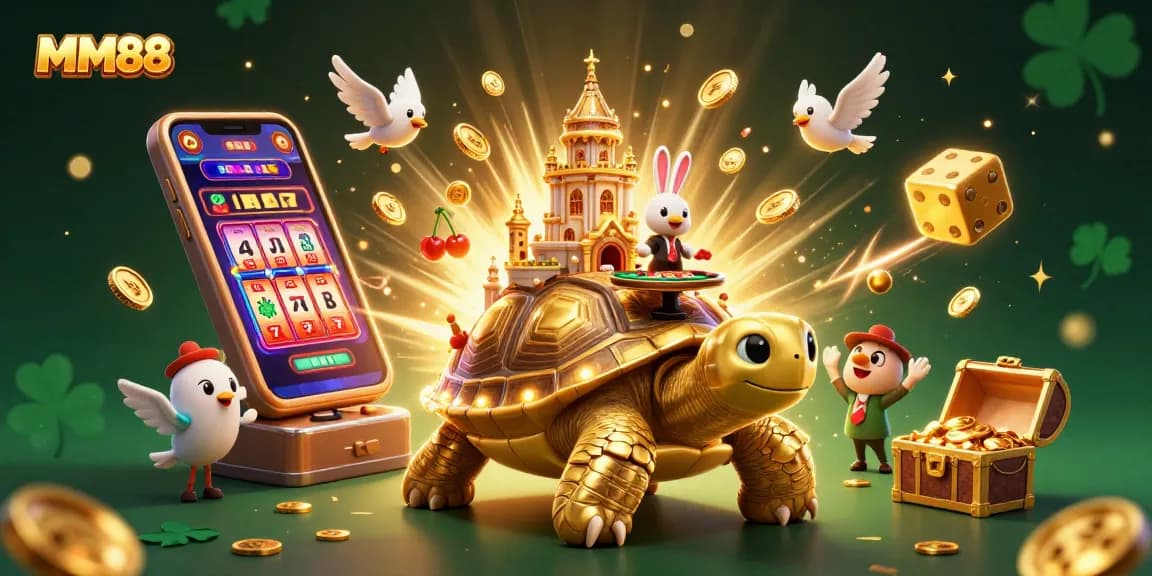 Experience the excitement of MM88 with a vibrant 3D casino illustration featuring a golden tortoise.