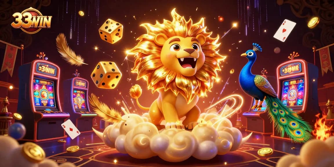 Win big with 33WIN at our dynamic casino, featuring golden dice and vibrant games.