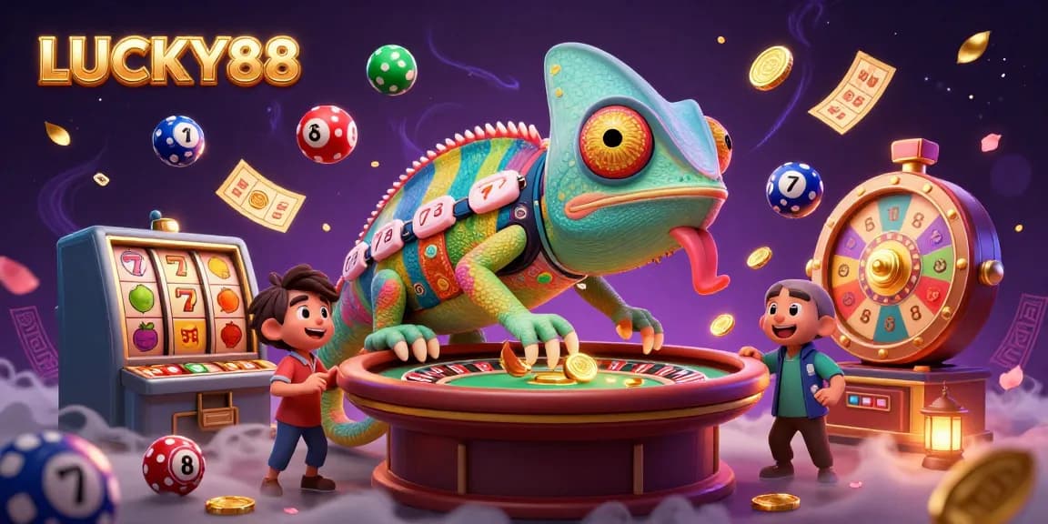 Experience the vibrant allure of LUCKY88 with dynamic casino elements and a colorful chameleon character.