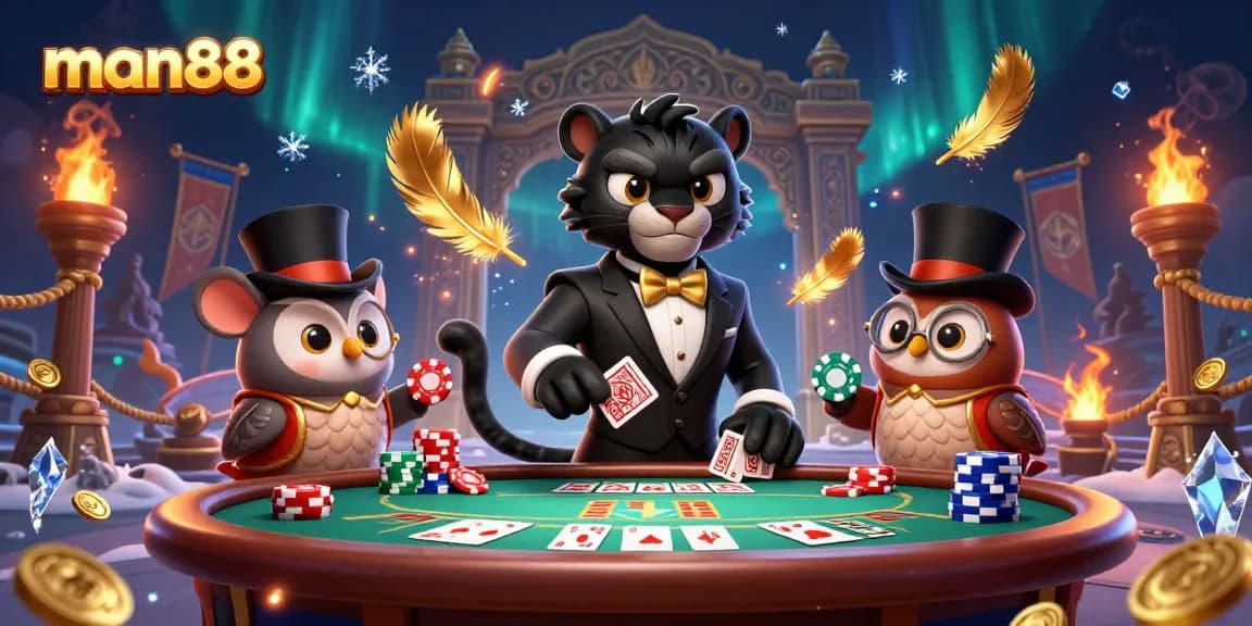Experience the excitement of man88 with a stylish panther dealing cards at a vibrant casino scene.