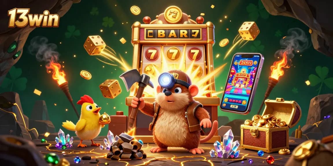 Join the fun at 13win with a vibrant slot machine jackpot scene and treasure elements!