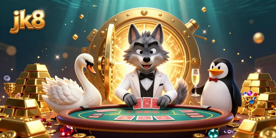 jk8 themed illustration showcasing lively characters at a baccarat table, with gold treasures and jewels around