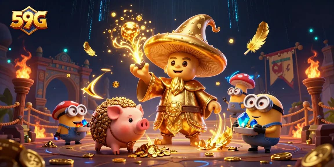 Experience the magic of 59G with a dynamic scene of casino elements and enchanting characters.