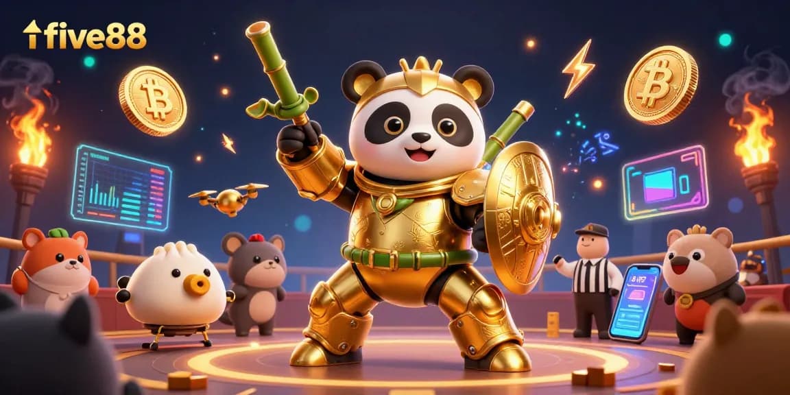 Experience excitement at five88 with a 3D panda mech battling in a vibrant casino arena!