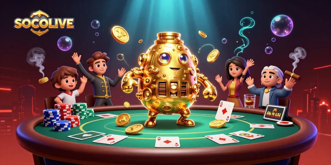 SOCOLIVE showcases a golden golem surrounded by vibrant poker elements, emphasizing dynamic gambling action.
