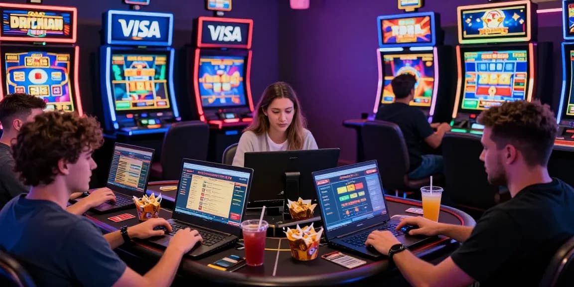 Excited players exploring https://scoarch.org.uk list of credit card casinos in a vibrant online gaming environment with colorful slot machines.