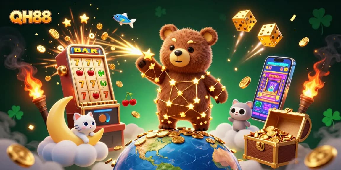 Experience thrilling wins with QH88's vibrant online casino atmosphere featuring golden stars and dynamic game symbols.