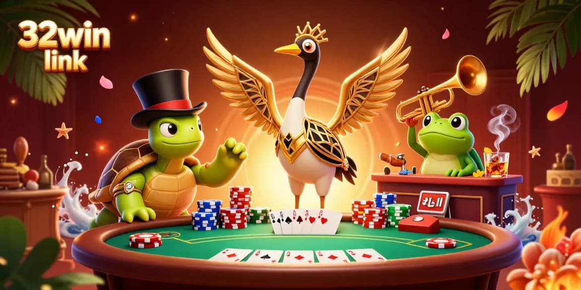 Engage in the excitement of the 32win link at a vibrant speakeasy with a unique frog band, poker elements, and casino atmosphere.