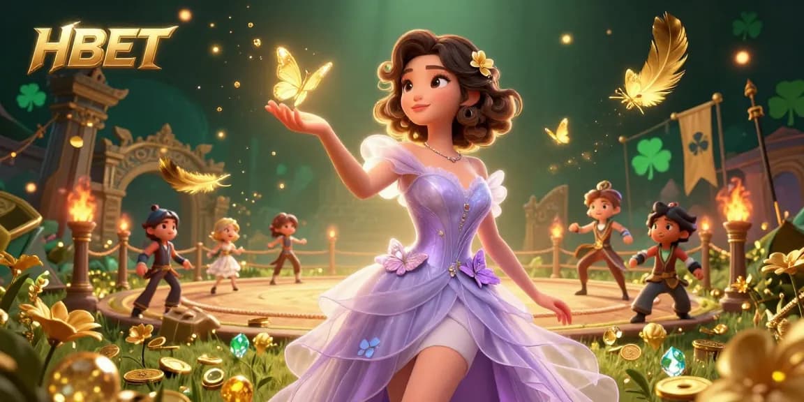 Engage with the dazzling HBET casino scene featuring a stunning Asian woman surrounded by vibrant game elements and golden butterflies.