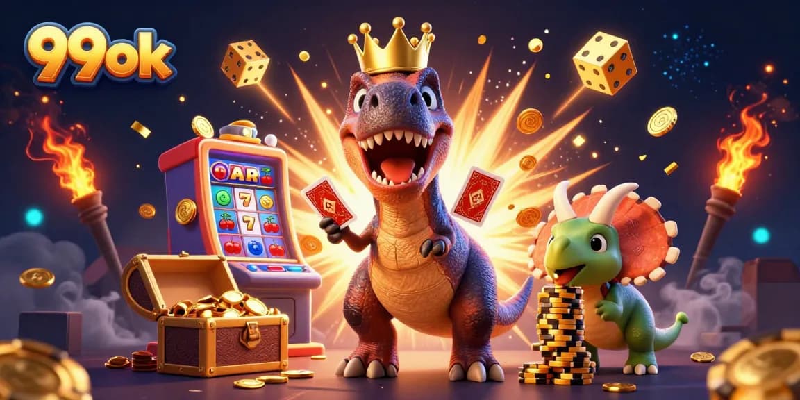 Engage with thrilling casino action at 99ok, featuring a fun T-Rex and vibrant gaming elements.