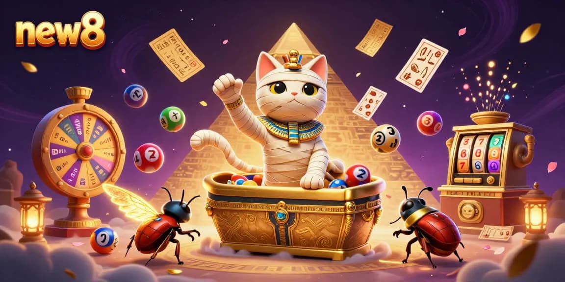 Win exciting rewards at new8 casino with golden Egypt-themed characters and dynamic game elements.