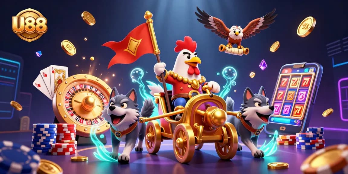 Engage in thrilling games at U88, featuring an electrifying casino atmosphere with dynamic symbols and characters.