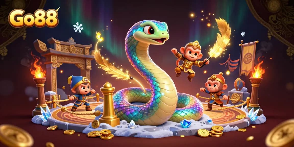 Engage with Go88 at an online casino featuring a vibrant 3D scene of a rainbow serpent and monkey king.