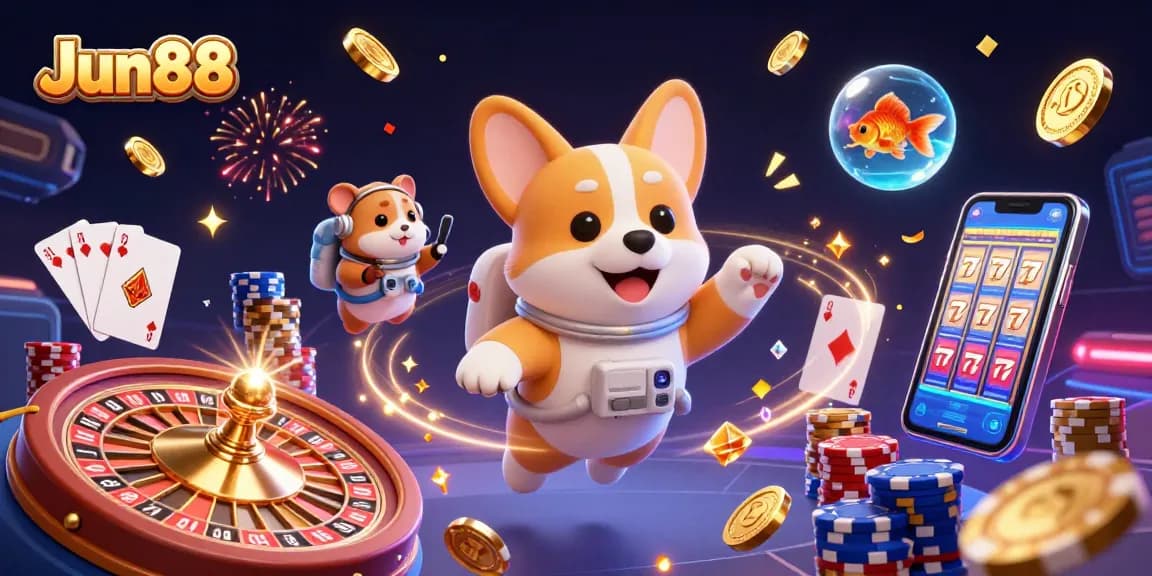 Experience the excitement of Jun88 with a cartoon astronaut corgi in a vibrant space casino.
