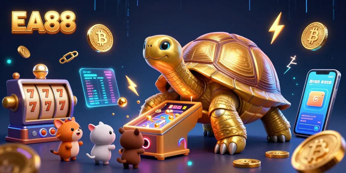 Play exciting slot games at EA88 with a colossal golden tortoise pinball machine in a vibrant casino atmosphere.