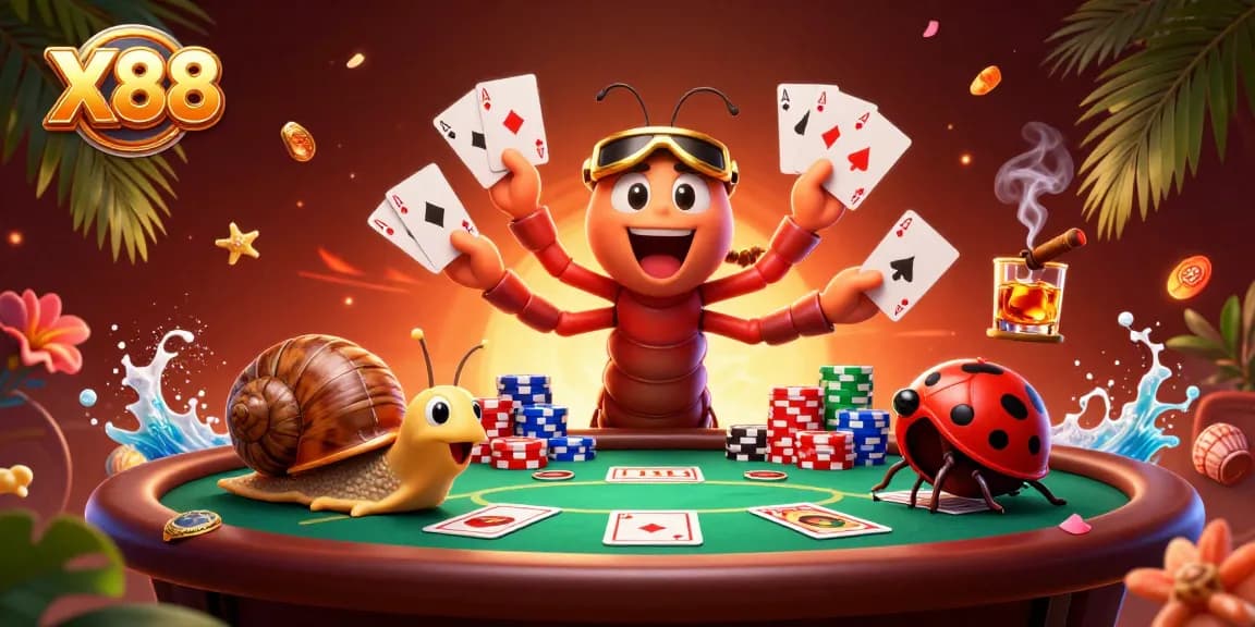 X88 delivers excitement at the casino with colorful poker elements and cartoon characters engaged in a thrilling game.
