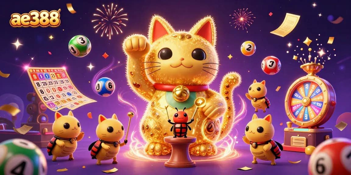 Join the excitement with ae388 as a giant lucky cat appears surrounded by colorful lottery elements in a vibrant casino scene.