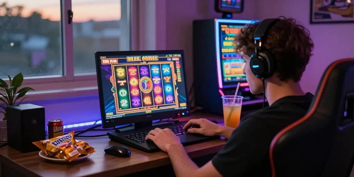 Slot depo 10k, suasana bermain slot online dengan grafik cerah dan pemain fokus di depan laptop.