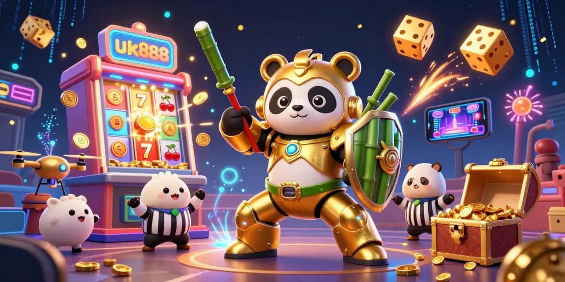 Experience the thrill of uk888 with a dynamic 3D illustration featuring exciting casino elements and action.