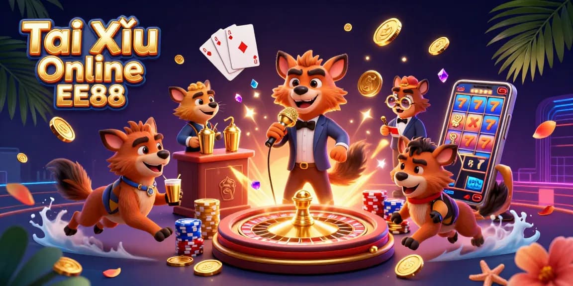 Experience the excitement of Tài Xỉu Online EE88 with hyenas in a vibrant casino scene promoting fun and engagement.
