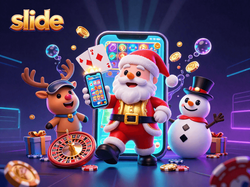 Experience the thrill of slide gameplay with festive characters in a vibrant casino setting.