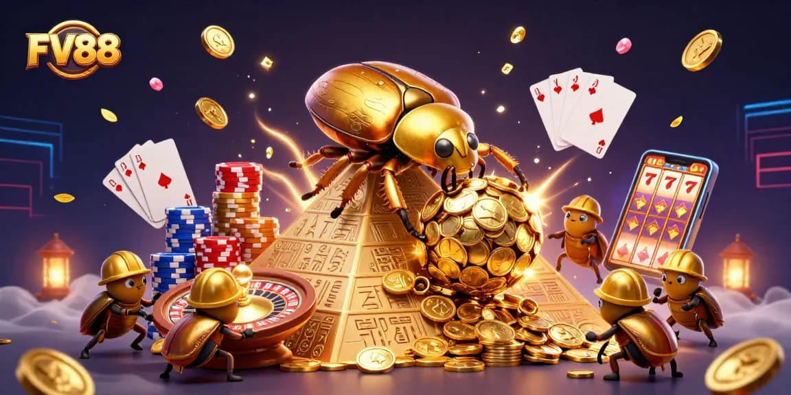 Experience the excitement of FV88 with animated beetles rolling gold coins in a vibrant casino scene.