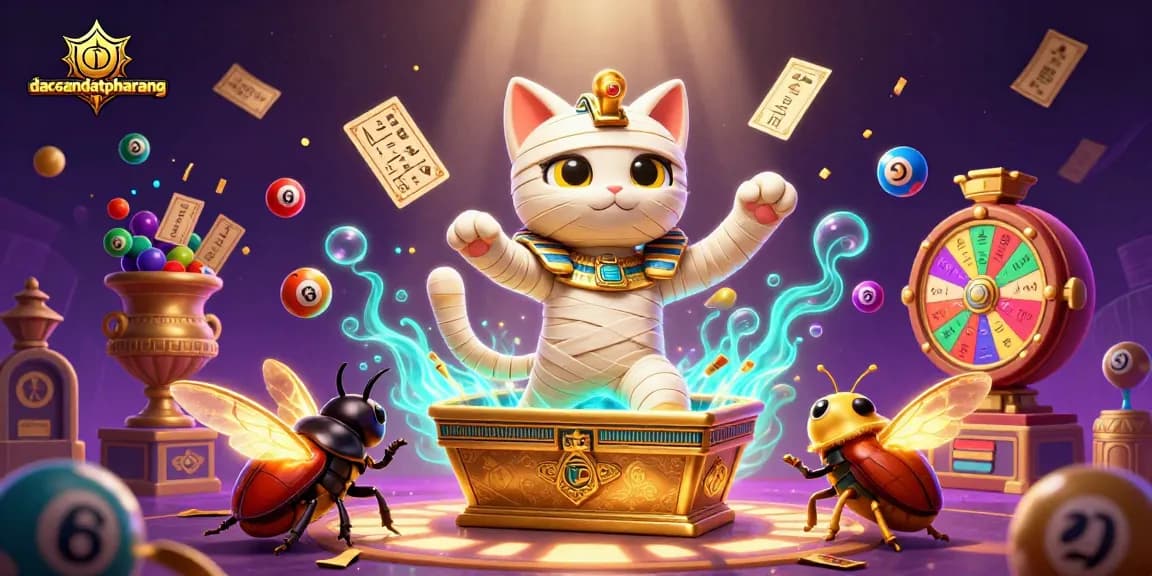 Play lottery and casino games at dacsandatphanrang with mummy cat and lively elements.