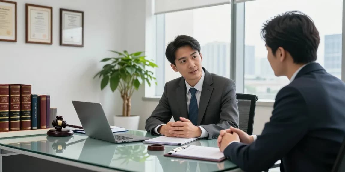 Professional lawyer consulting with a client, creating impactful legal content in a modern office.