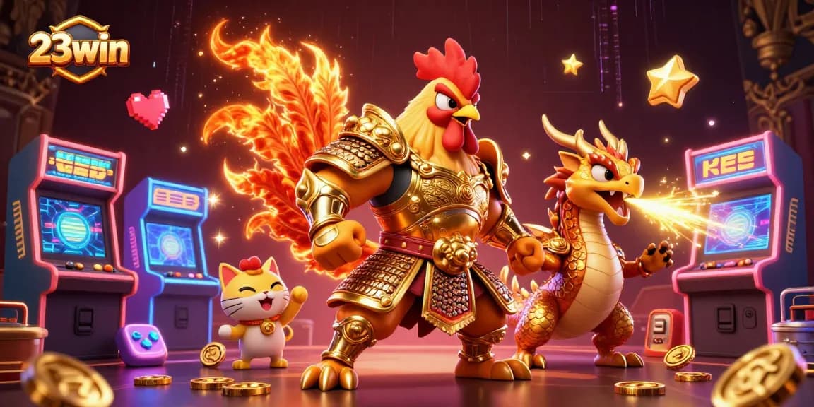 Engage with 23win's vibrant gaming world, featuring an epic rooster warrior and dragon in a lively casino scene.