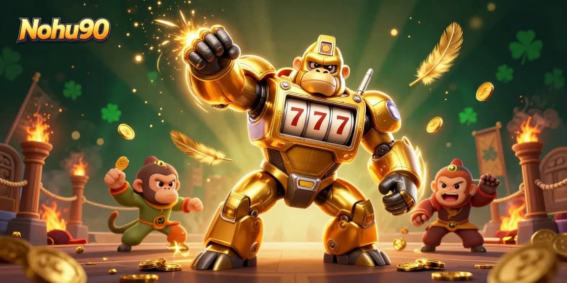 Nohu90 showcases a vibrant scene with a golden gorilla mech celebrating jackpots amidst dynamic casino elements.