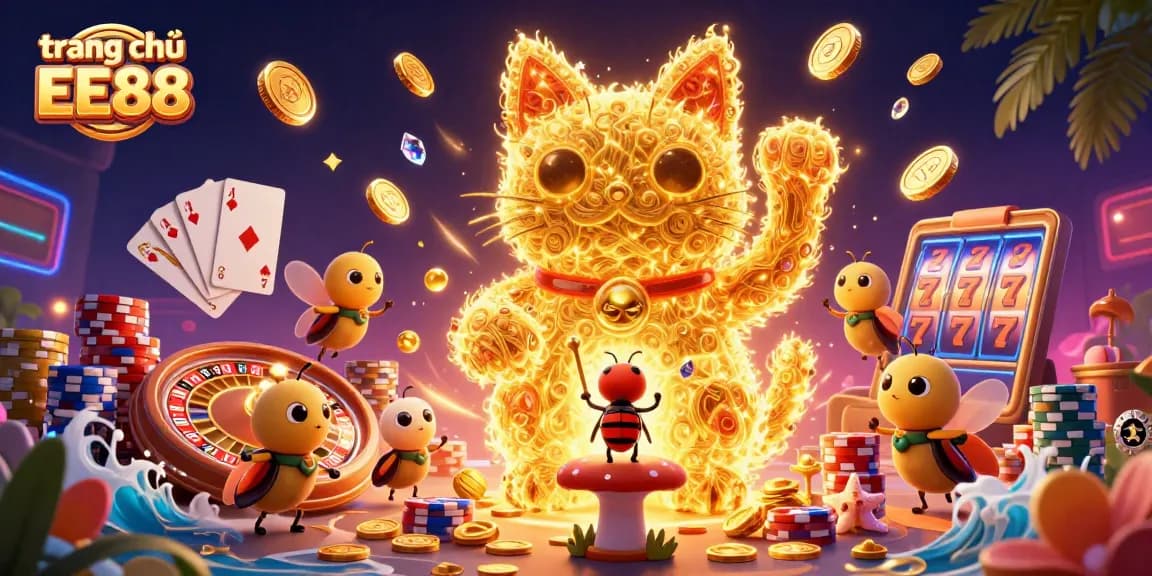 Experience winning gameplay at trang chủ EE88 with a vibrant golden lucky cat and swirling casino elements.