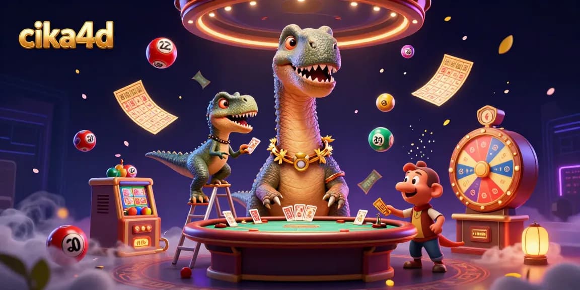 Experience thrilling entertainment with cika4d as a brontosaurus surveys a vibrant casino scene.