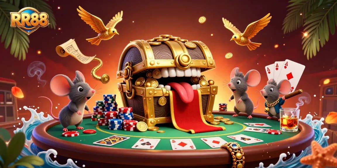 Experience RR88's thrilling casino scene with a vibrant treasure chest mimicking adventure.