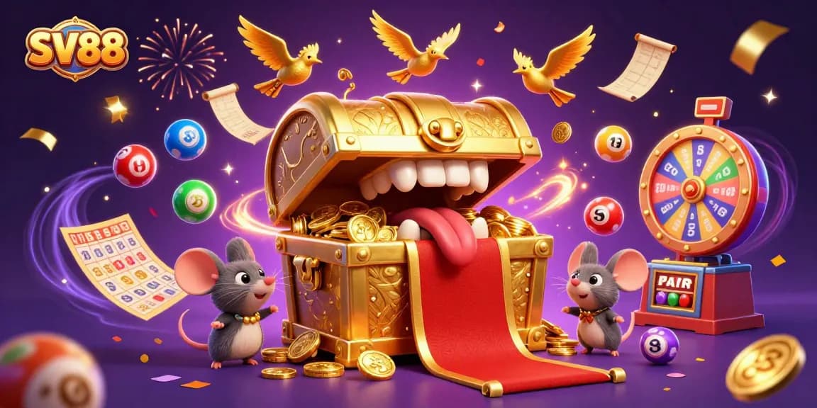 Experience the excitement of SV88 with a vibrant casino-themed illustration showcasing dynamic gaming elements.