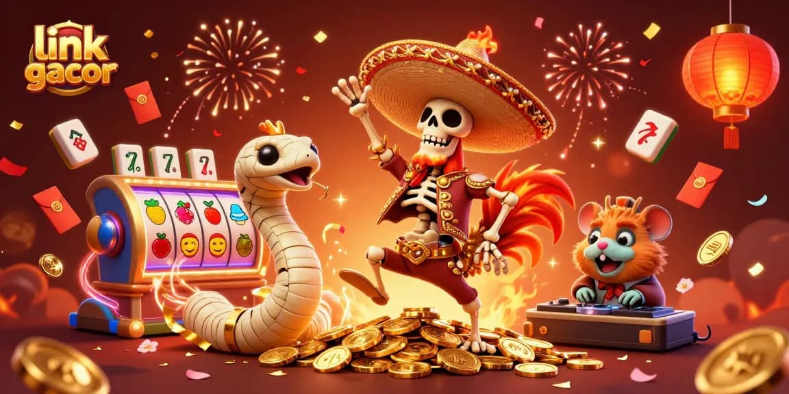 Experience the thrill of link gacor with a vibrant 3D casino illustration featuring festive characters and gaming elements.