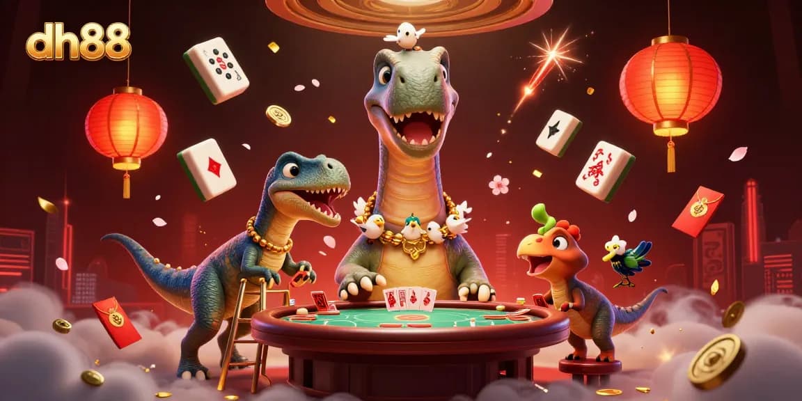 Experience excitement at dh88 with a towering brontosaurus and clever raptor in a vibrant casino scene.