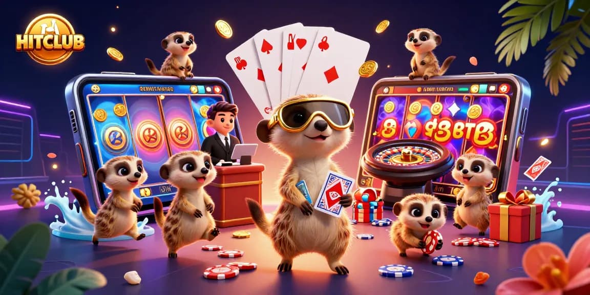 Join the HITCLUB with meerkats in a vibrant casino scene full of games and excitement.
