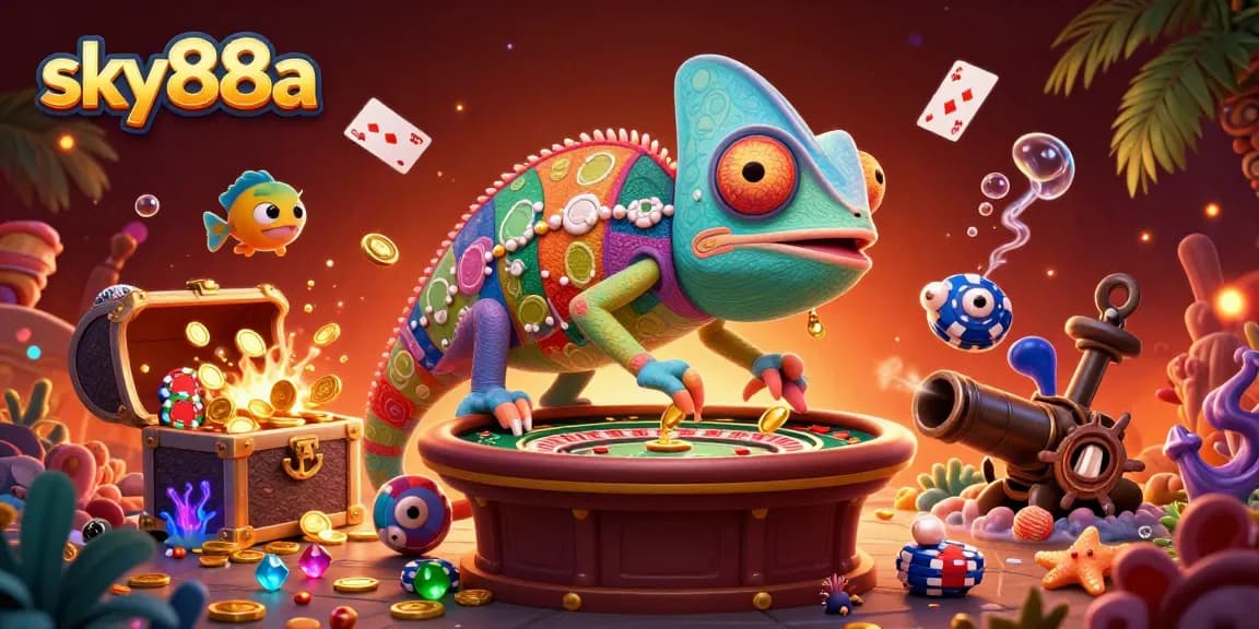 Engage in immersive gameplay at sky88a with a vibrant chameleon casino owner capturing gold coins.