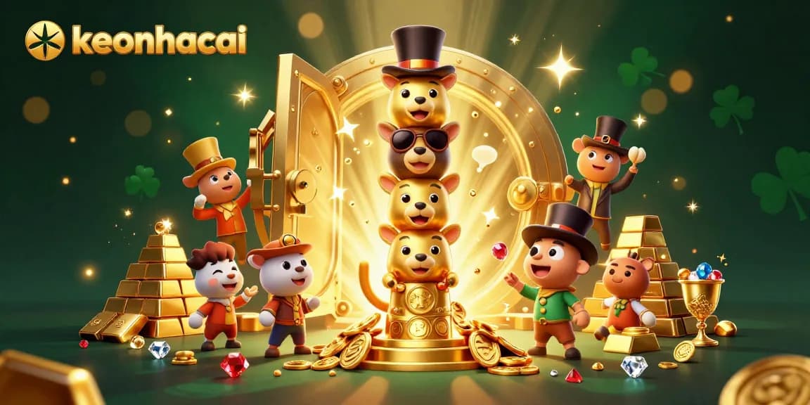 Experience excitement with keonhacai in a vibrant 3D casino illustration filled with dynamic gold treasure visuals.