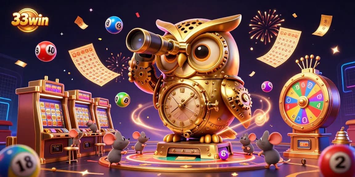 Engage with 33win's vibrant casino scene featuring a whimsical golden owl and festive lottery elements.