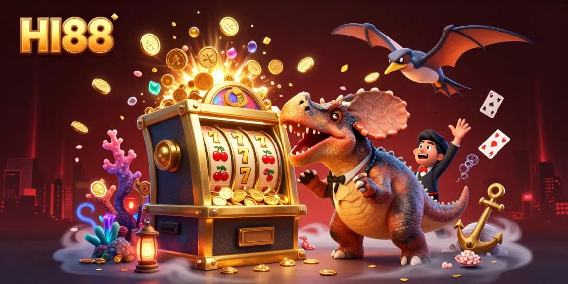 HI88 casino excitement with cartoon dinosaurs amid jackpot-winning golden coins.