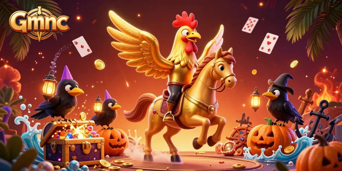 Win big with Gmnc in this thrilling casino scene featuring a golden rooster and magical treasures.