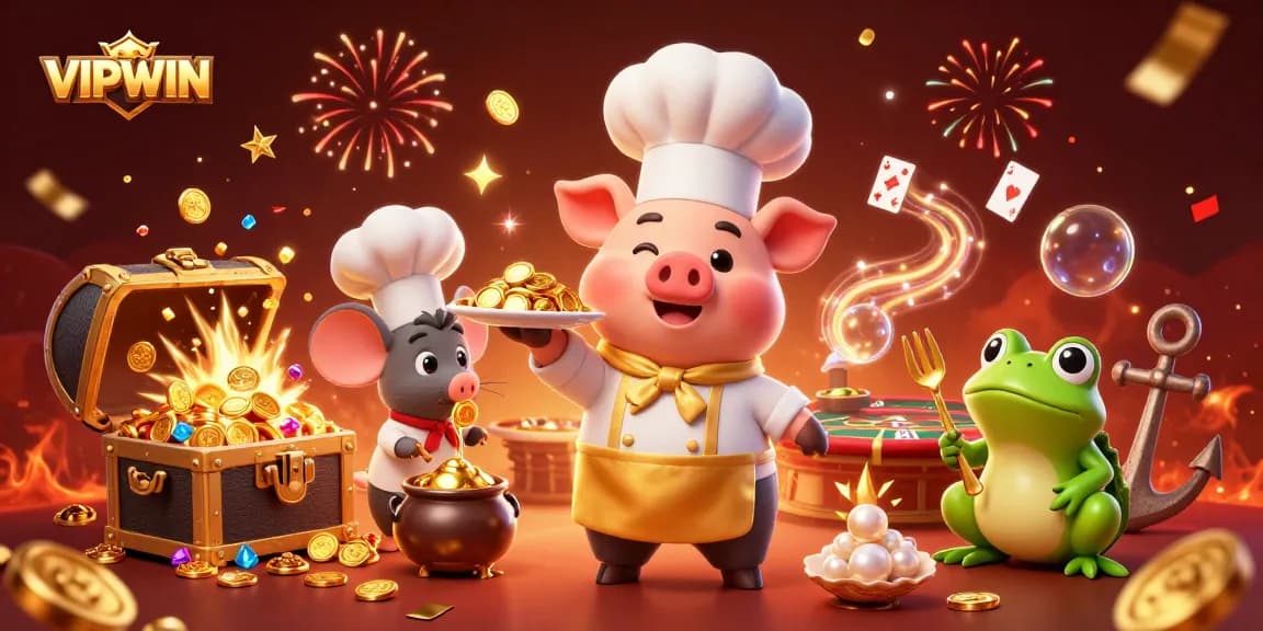 Experience thrilling gaming action with VIPWIN as a chef pig serves gold coins amid vibrant casino elements.