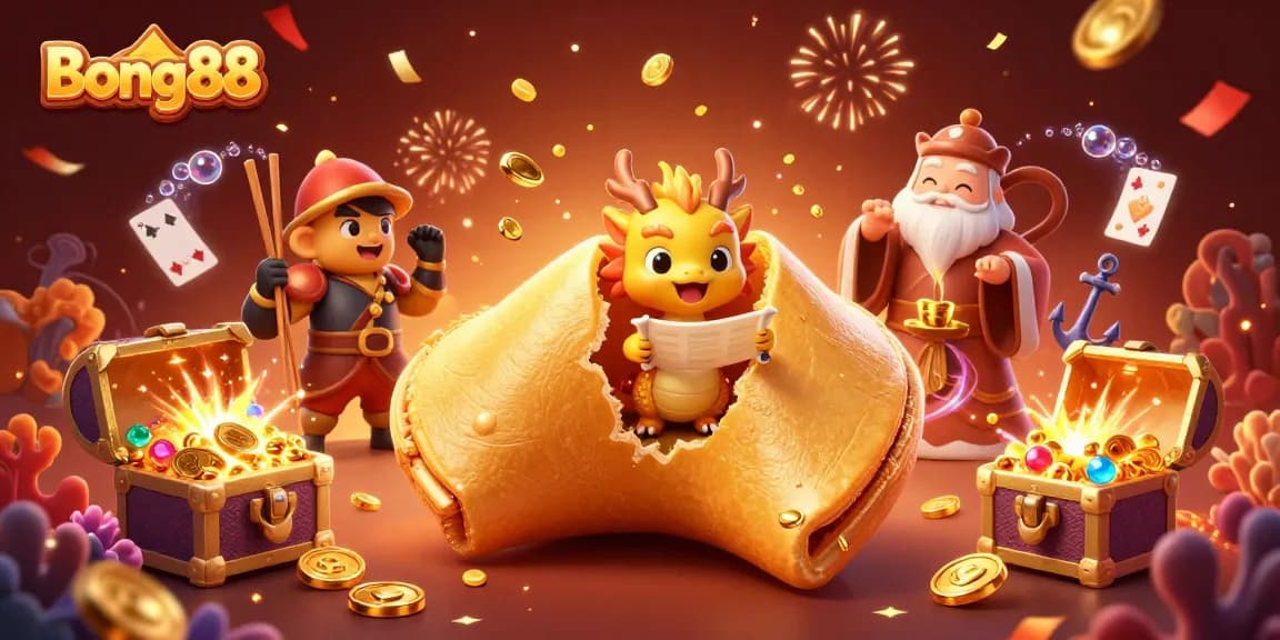 Bong88 features a giant golden fortune cookie and a wise dragon surrounded by vibrant casino elements for thrilling gameplay.