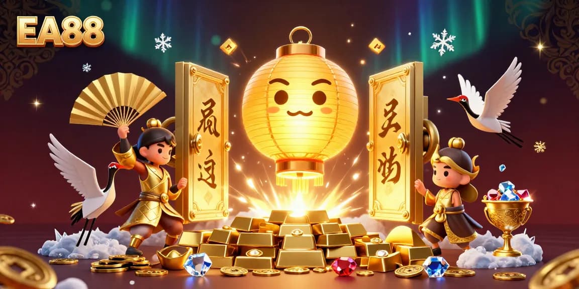Experience the exciting EA88 casino scene with glowing lantern spirit and treasures around.